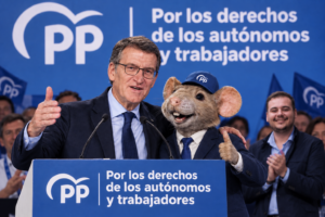 A la izquierda el presidente nacional del Partido Popular, Feijóo y a la derecha el empresario mundial Pérez en un míting del PP en Madrid / Imágen de IA