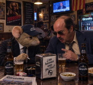 A la izquierda Pérez y a la derecha Torrente (Santiago Segura) en una reunión clandestina en algún bar del sur de Madrid / Imágen de IA